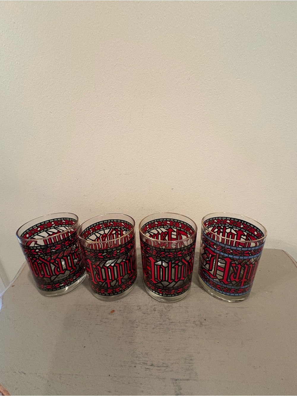 Four VTG Houze Stained Glass Happy Holidays Cocktail Glasses